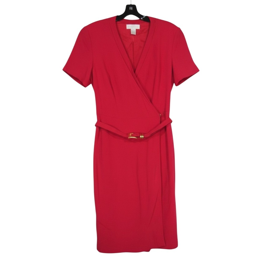 VTG BARRIE PACE Lined SILK Belted Red BUTTON SURPLICE Sheath Dress Sz 18(12/L)